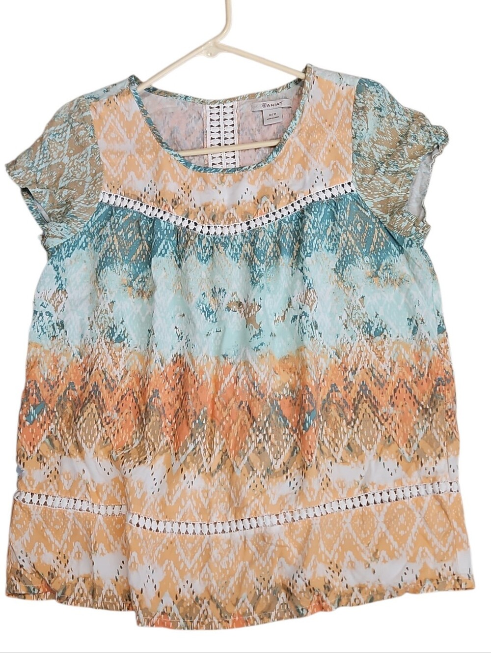 Boho Tie-Dye Crochet Trim Tank Top in Aqua Green & Orange Ariat